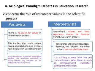 4. Axiological Paradigm Debates in Education Research
 concerns the role of researcher values in the scientific
process
Positivists
there is no place for values in
the research process
This implies that one’s values,
hopes, expectations, and feelings
have no place in scientific inquiry
using standardized, systematic investigative
methods, the researcher eliminates or
strictly controls any influence on the
participants/research process
interpretivists
researcher’s values and lived
experience cannot be divorced
from the research process
researcher should acknowledge,
describe, and “bracket” his or her
values, but not eliminate them
it is a fallacy to even think that one
could eliminate value biases in such
an interdependent researcher–
participant interaction.
9
 