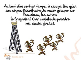 Au bout d’un certain temps, à chaque fois qu’un
 des singes faisait mine de vouloir grimper sur
             l’escabeau, les autres
    le frappaient (par crainte de prendre
                une douche glacée).
 