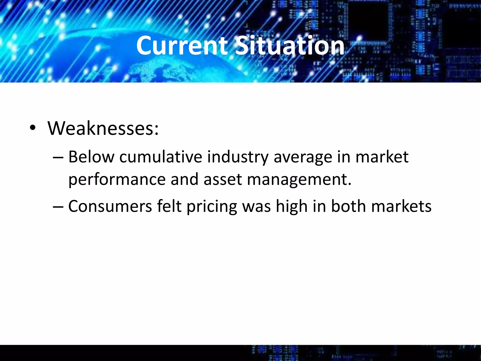 Current Situation
• Weaknesses:
– Below cumulative industry average in market
performance and asset management.
– Consumers felt pricing was high in both markets
 