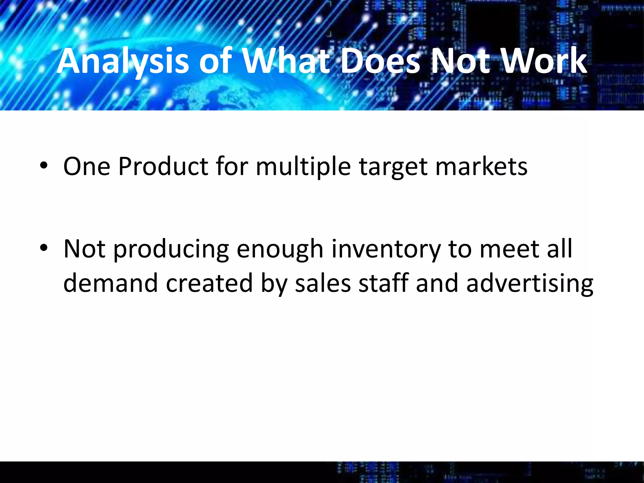 Analysis of What Does Not Work
• One Product for multiple target markets
• Not producing enough inventory to meet all
demand created by sales staff and advertising
 