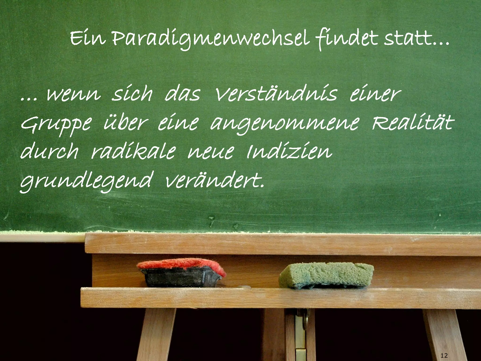 Ein Paradigmenwechsel findet statt…

… wenn sich das Verständnis einer
Gruppe über eine angenommene Realität
durch radikale neue Indizien
grundlegend verändert.




                                      12
 