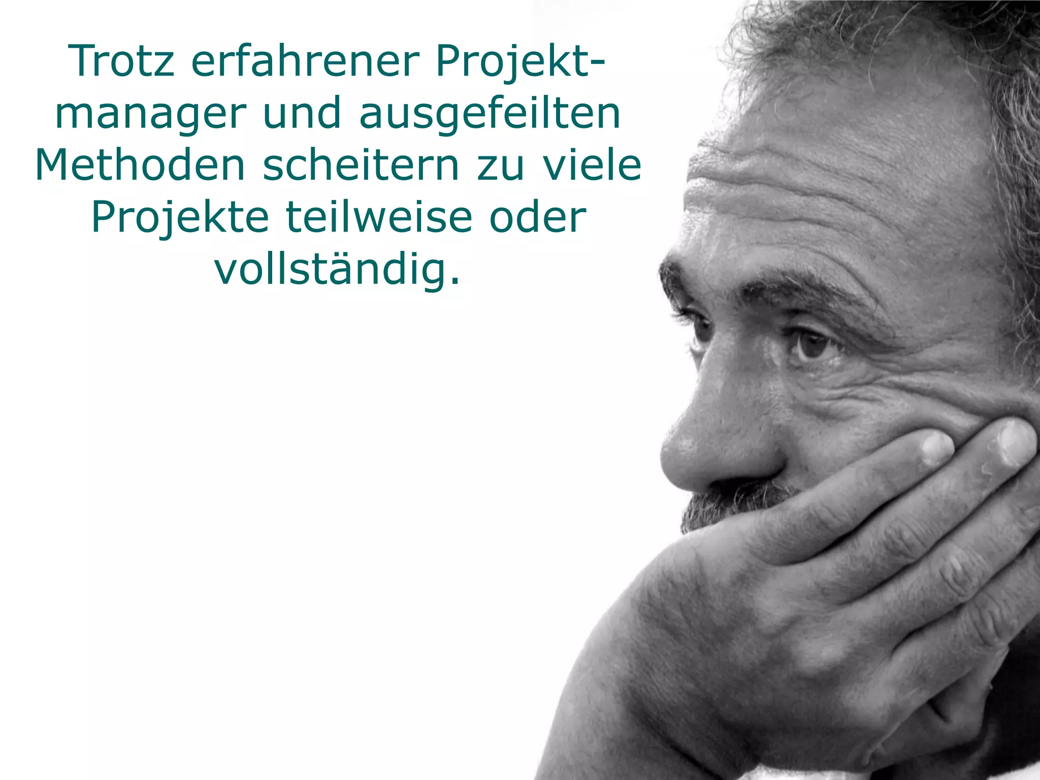 Trotz erfahrener Projekt-
 manager und ausgefeilten
Methoden scheitern zu viele
  Projekte teilweise oder
        vollständig.




                              14
 
