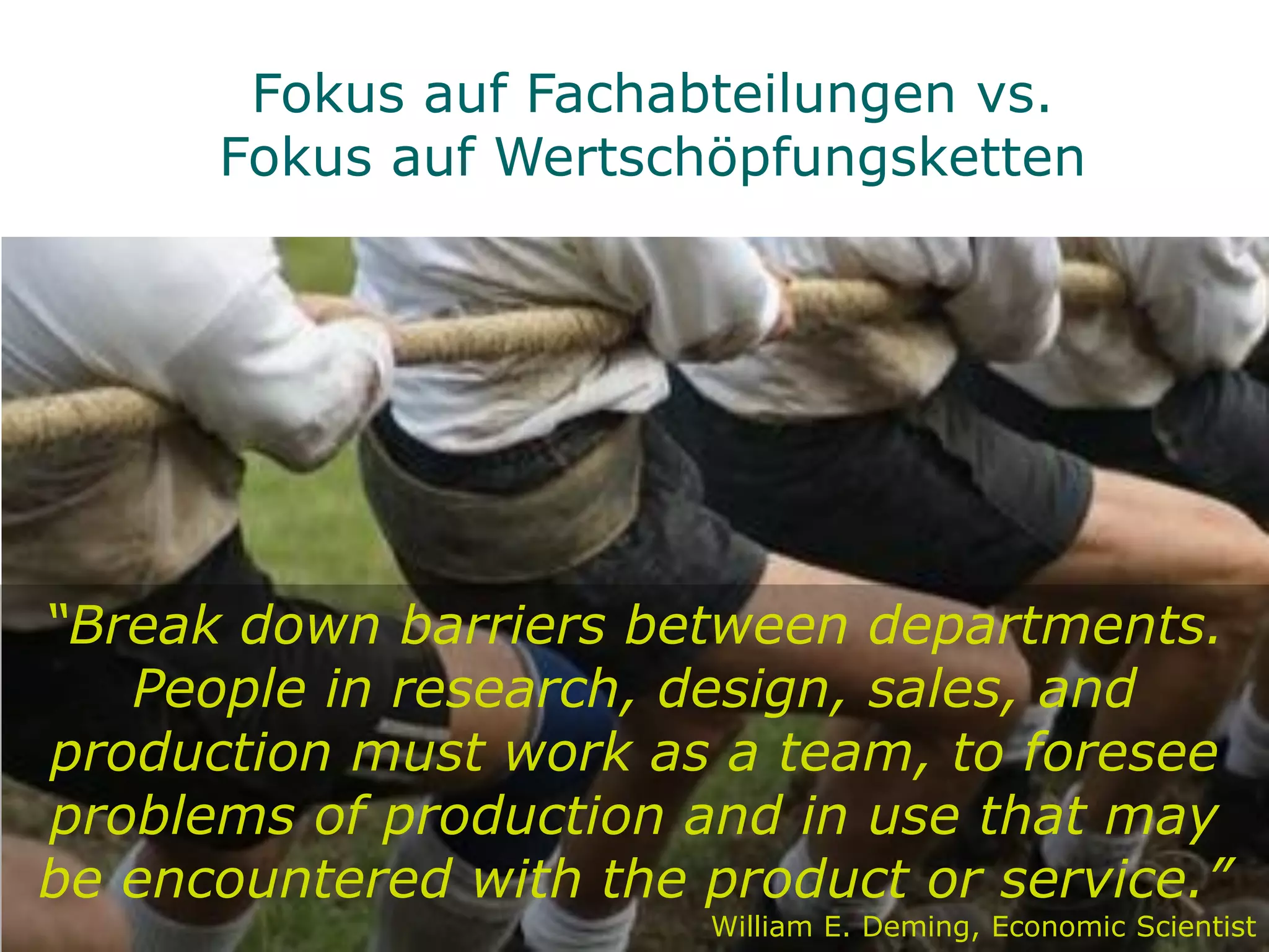 Fokus auf Fachabteilungen vs.
      Fokus auf Wertschöpfungsketten




“Break down barriers between departments.
   People in research, design, sales, and
production must work as a team, to foresee
problems of production and in use that may
be encountered with the product or service.”
                        William E. Deming, Economic Scientist
 