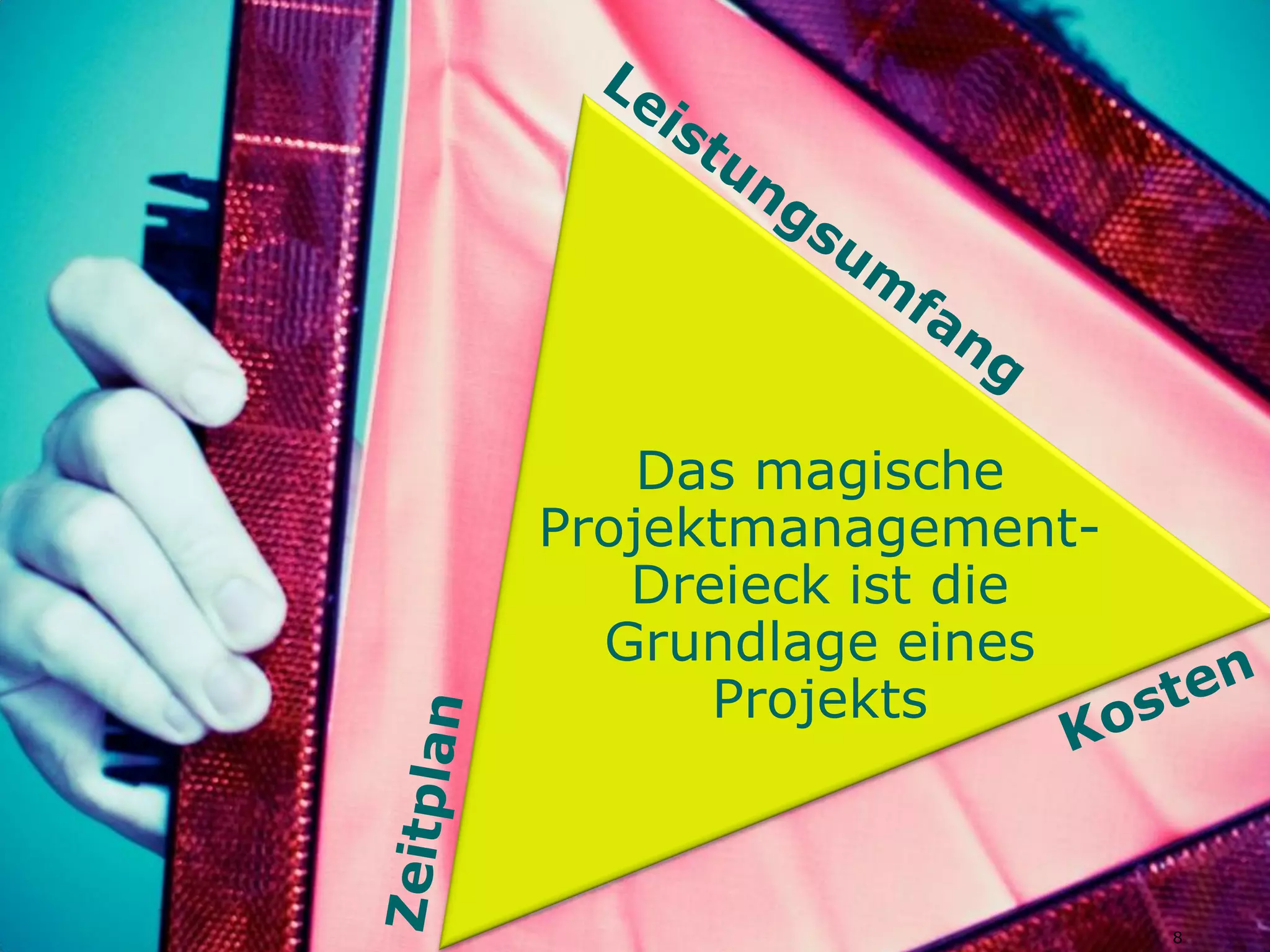 Das magische
Projektmanagement-
   Dreieck ist die
  Grundlage eines
      Projekts



                     8
 