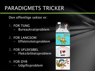 Den offentlige sektor er:
1. FOR TUNG
– Bureaukratiproblem
2. FOR LANGSOM
– Effektivitetsproblem
3. FOR UFLEKSIBEL
– Fleksibilitetsproblem
4. FOR DYR
– Udgiftsproblem
PARADIGMETS TRICKER
 