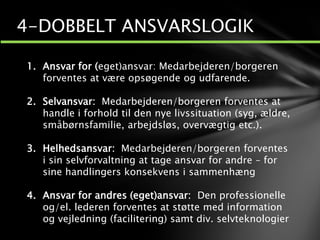 4-DOBBELT ANSVARSLOGIK
1. Ansvar for (eget)ansvar: Medarbejderen/borgeren
forventes at være opsøgende og udfarende.
2. Selvansvar: Medarbejderen/borgeren forventes at
handle i forhold til den nye livssituation (syg, ældre,
småbørnsfamilie, arbejdsløs, overvægtig etc.).
3. Helhedsansvar: Medarbejderen/borgeren forventes
i sin selvforvaltning at tage ansvar for andre – for
sine handlingers konsekvens i sammenhæng
4. Ansvar for andres (eget)ansvar: Den professionelle
og/el. lederen forventes at støtte med information
og vejledning (facilitering) samt div. selvteknologier
 