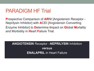 PARADIGM HF Trial
Prospective Comparison of ARNI [Angiotensin Receptor -
Neprilysin Inhibitor] with ACEI [Angiotensin Converting
Enzyme Inhibitor] to Determine Impact on Global Mortality
and Morbidity in Heart Failure Trial.
ANGIOTENSIN Receptor –NEPRILYSIN Inhibition
versus
ENALAPRIL in Heart Failure
 