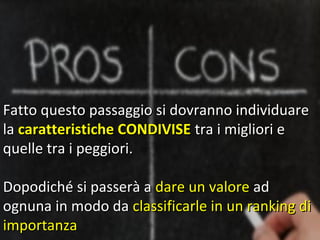 Fatto questo passaggio si dovranno individuare
la caratteristiche CONDIVISE tra i migliori e
quelle tra i peggiori.

Dopodiché si passerà a dare un valore ad
ognuna in modo da classificarle in un ranking di
importanza
 
