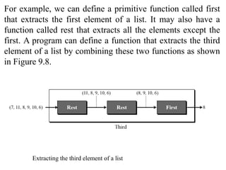 For example, we can define a primitive function called first
that extracts the first element of a list. It may also have a
function called rest that extracts all the elements except the
first. A program can define a function that extracts the third
element of a list by combining these two functions as shown
in Figure 9.8.
Extracting the third element of a list
 