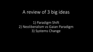A review of 3 big ideas
1) Paradigm Shift
2) Neoliberalism vs Gaian Paradigm
3) Systems Change
 