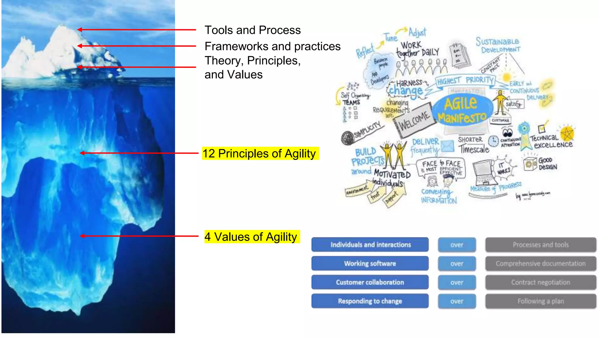 Tools and Process
Frameworks and practices
Theory, Principles,
and Values
12 Principles of Agility
4 Values of Agility
 