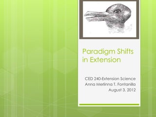 Paradigm Shifts
in Extension
CED 240-Extension Science
Anna Merlinna T. Fontanilla
August 3, 2012

 