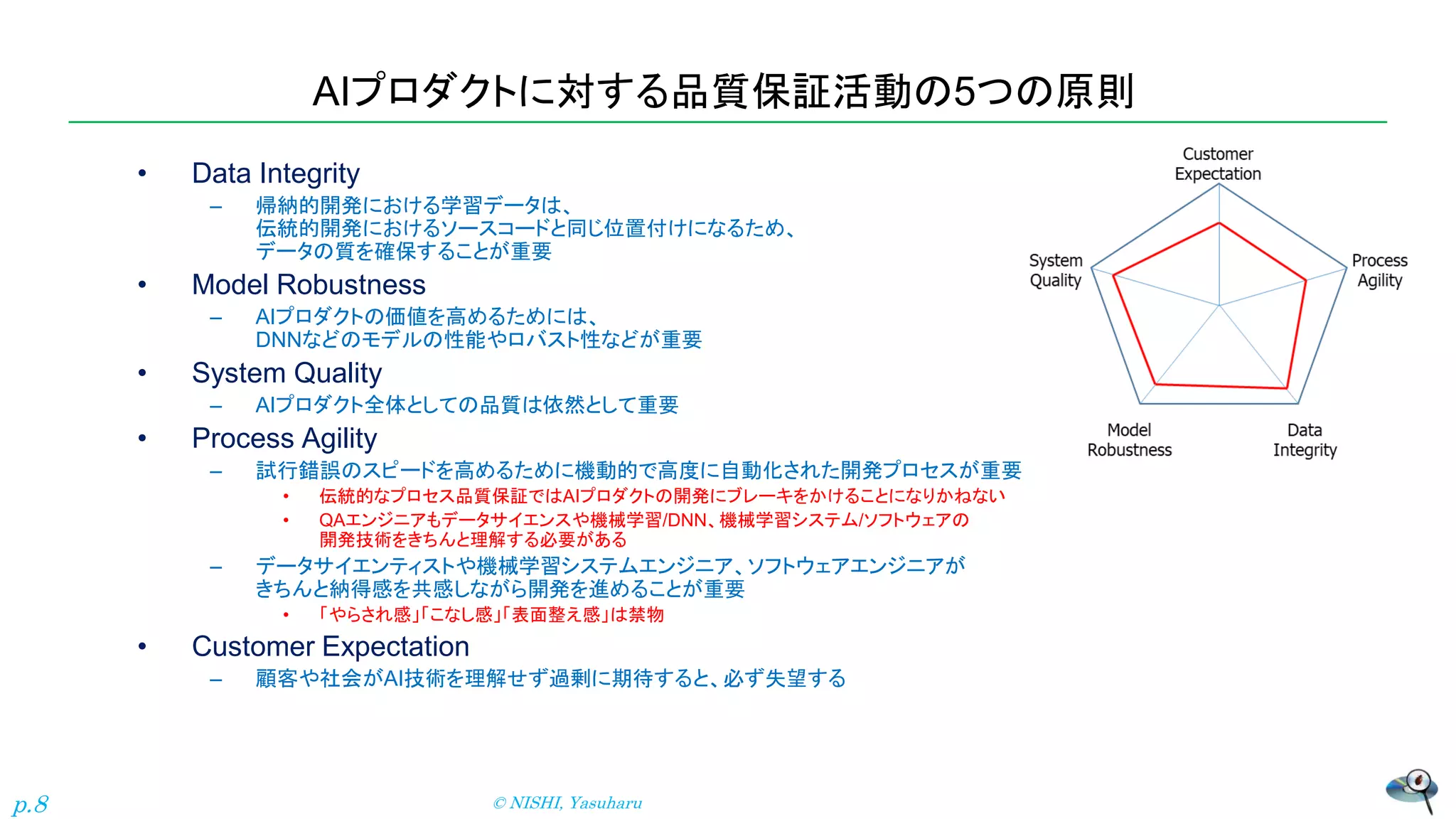 AIプロダクトに対する品質保証活動の5つの原則
• Data Integrity
– 帰納的開発における学習データは、
伝統的開発におけるソースコードと同じ位置付けになるため、
データの質を確保することが重要
• Model Robustness
– AIプロダクトの価値を高めるためには、
DNNなどのモデルの性能やロバスト性などが重要
• System Quality
– AIプロダクト全体としての品質は依然として重要
• Process Agility
– 試行錯誤のスピードを高めるために機動的で高度に自動化された開発プロセスが重要
• 伝統的なプロセス品質保証ではAIプロダクトの開発にブレーキをかけることになりかねない
• QAエンジニアもデータサイエンスや機械学習/DNN、機械学習システム/ソフトウェアの
開発技術をきちんと理解する必要がある
– データサイエンティストや機械学習システムエンジニア、ソフトウェアエンジニアが
きちんと納得感を共感しながら開発を進めることが重要
• 「やらされ感」「こなし感」「表面整え感」は禁物
• Customer Expectation
– 顧客や社会がAI技術を理解せず過剰に期待すると、必ず失望する
© NISHI, Yasuharu
p.8
 