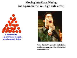 Moving into Data Mining
                   (non-parametric, rel. high data error)




   A heap of data,
e.g. online and merged,
free of research design

                                  Your classic Frequentist Statistician
                                  might get very scared and horrified
                                  with such data…
 