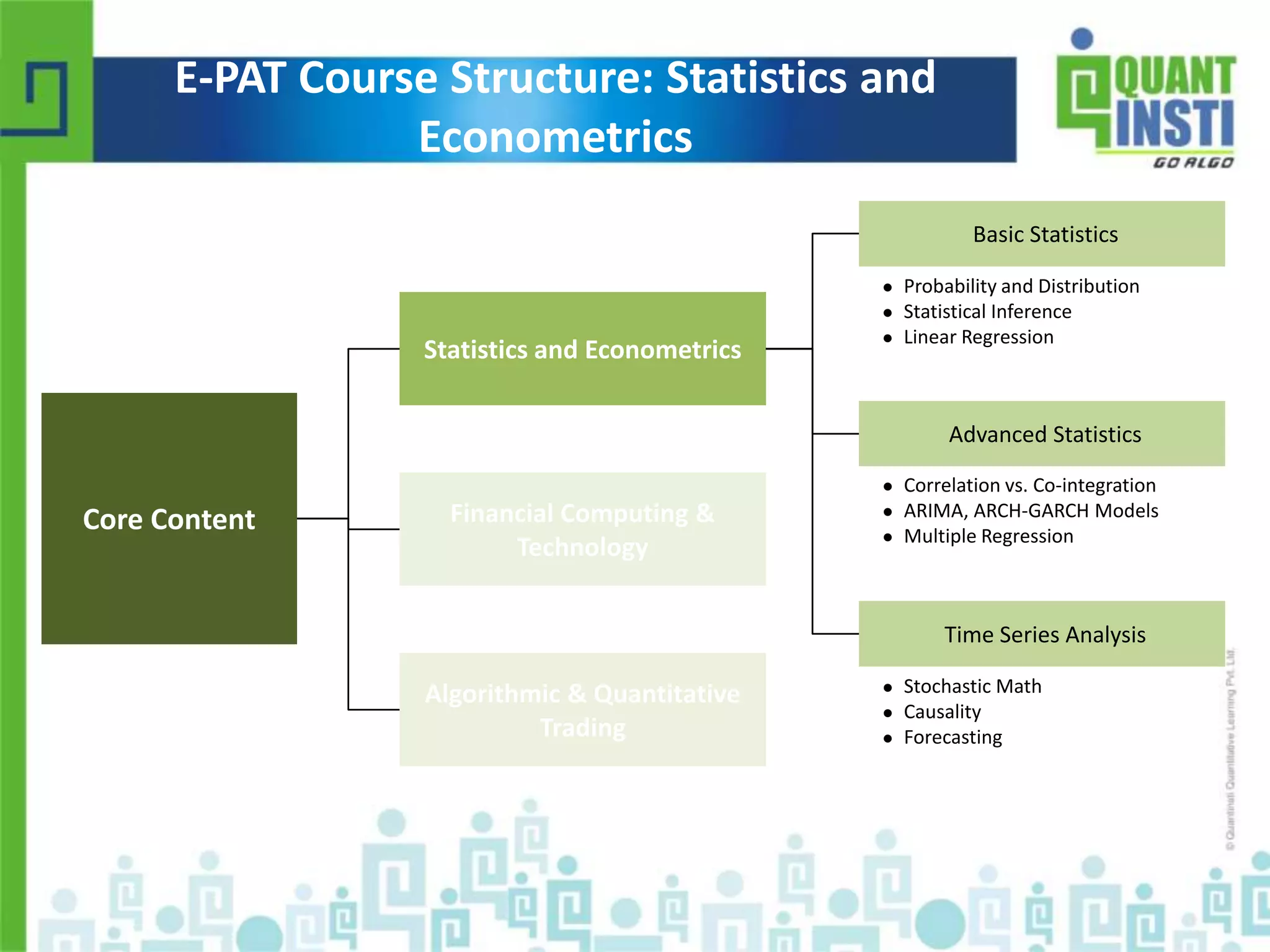 E-PAT Course Structure: Statistics and 
Econometrics 
Core Content 
Statistics and Econometrics 
Financial Computing & 
Technology 
Algorithmic & Quantitative 
Trading 
Basic Statistics 
 Probability and Distribution 
 Statistical Inference 
 Linear Regression 
Advanced Statistics 
 Correlation vs. Co-integration 
 ARIMA, ARCH-GARCH Models 
 Multiple Regression 
Time Series Analysis 
 Stochastic Math 
 Causality 
 Forecasting 
© Copyright 2010-2014 QuantInsti Quantitative Learning Private Limited 
 
