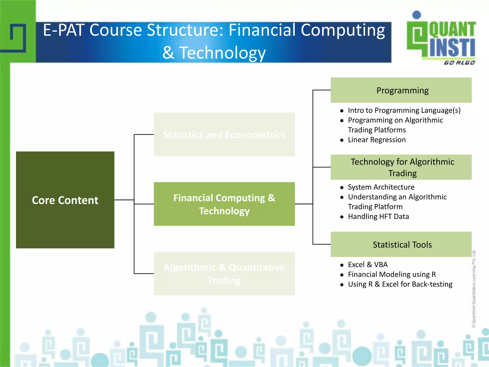 E-PAT Course Structure: Financial Computing 
& Technology 
Core Content 
Statistics and Econometrics 
Financial Computing & 
Technology 
Algorithmic & Quantitative 
Trading 
Programming 
 Intro to Programming Language(s) 
 Programming on Algorithmic 
Trading Platforms 
 Linear Regression 
Technology for Algorithmic 
Trading 
 System Architecture 
 Understanding an Algorithmic 
Trading Platform 
 Handling HFT Data 
Statistical Tools 
 Excel & VBA 
 Financial Modeling using R 
 Using R & Excel for Back-testing 
© Copyright 2010-2014 QuantInsti Quantitative Learning Private Limited 
 