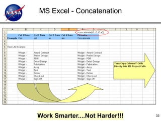 MS Excel - Concatenation




Work Smarter....Not Harder!!!   33
 