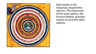God resides in the
Empyrean, beyond the
spheres. The movement
of the outer sphere, the
Primum Mobile, provides
motion to all of the other
spheres.
 