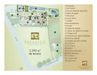1 Recepção
2 Hall Social
3 Piscina coberta aquecida
4 Salão de jogos
5 Descanso
6 Sauna Seca
7 Lavabo
8 Brinquedoteca
9 Fitness
10 Salão de Festas
11 Apoio ao Salão de Festas
12 Playground
13 Piscina com deck molhado
14 Piscina infantil
15 Quadra de tênis oficial
16 Vestiário
17 Pet Place
18 Agility
19 Guarita Blindada
20 Apto Zelador
21 Lavabos
22 Lavabo PNE
23 Depósitos
 