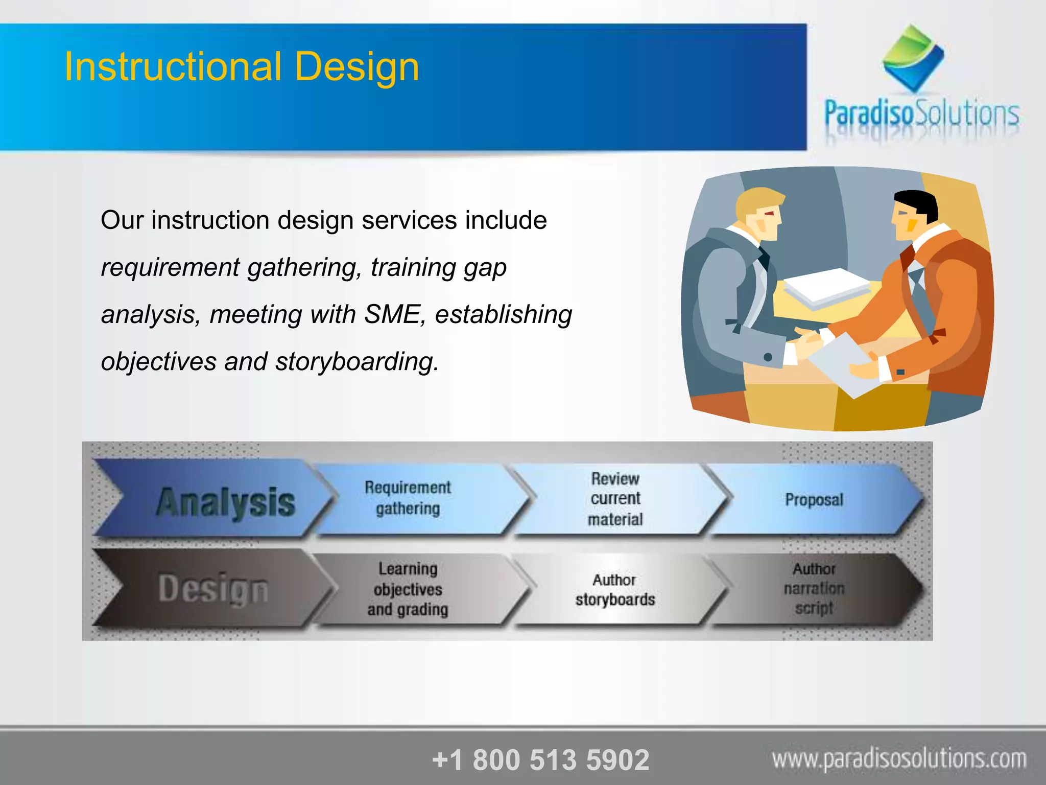 Instructional Design


  Our instruction design services include
  requirement gathering, training gap
  analysis, meeting with SME, establishing
  objectives and storyboarding.




                              +1 800 513 5902
 