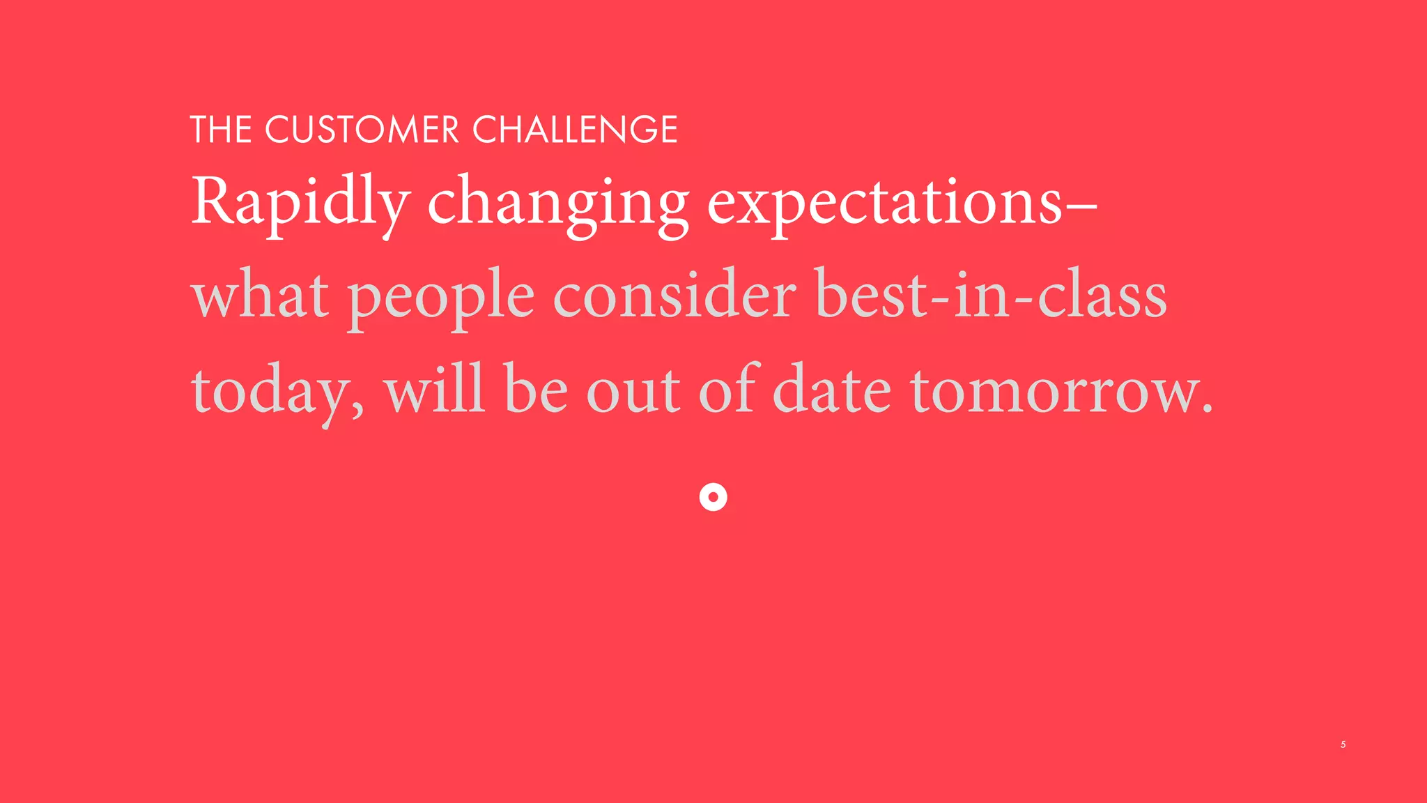 THE CUSTOMER CHALLENGE
Rapidly changing expectations–
what people consider best-in-class
today, will be out of date tomorrow.
5
 