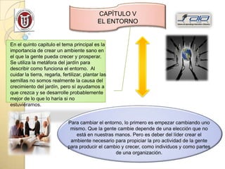 CAPÍTULO V
                                             EL ENTORNO


En el quinto capitulo el tema principal es la
importancia de crear un ambiente sano en
el que la gente pueda crecer y prosperar.
Se utiliza la metáfora del jardín para
describir como funciona el entorno. Al
cuidar la tierra, regarla, fertilizar, plantar las
semillas no somos realmente la causa del
crecimiento del jardín, pero sí ayudamos a
que crezca y se desarrolle probablemente
mejor de lo que lo haría si no
estuviéramos.


                              Para cambiar el entorno, lo primero es empezar cambiando uno
                               mismo. Que la gente cambie depende de una elección que no
                                  está en nuestras manos. Pero es deber del líder crear el
                               ambiente necesario para propiciar la pro actividad de la gente
                              para producir el cambio y crecer, como individuos y como partes
                                                   de una organización.
 
