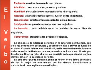 Paciencia: mostrar dominio de uno mismo. 
Afabilidad: prestar atención, apreciar y animar. 
Humildad: ser auténtico y sin pretensiones ni arrogancia. 
Respeto: tratar a los demás como si fueran gente importante. 
Generosidad: satisfacer las necesidades de los demás. 
Indulgencia: no guardar rencor al que nos perjudica. 
La honradez: está definida como la cualidad de «estar libre de 
engaños». 
Compromiso: atenerse a las propias elecciones. 
En el modelo de liderazgo se funda en la autoridad o influencia, que 
a su vez se funda en el servicio y el sacrificio, que a su vez se funda en 
el amor. Cuando lideras con autoridad, estás necesariamente llamado 
a dar lo mejor de ti mismo, a amar, a servir e incluso a sacrificarte por 
los demás. Una vez más, el amor no consiste en lo que sientes por los 
demás, sino en lo que haces por ellos. 
Es que amar puede definirse como el hecho, o los actos derivados 
de dar lo mejor de uno mismo por los demás, identificando y 
satisfaciendo sus legítimas necesidades. 
E 
l 
V 
e 
r 
b 
o 
 