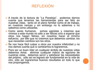 REFLEXIÓN
 A través de la lectura de “La Paradoja”, podemos darnos
cuenta que tenemos las herramientas para ser feliz en
nuestras vidas, tanto en el plano familiar como el de trabajo,
en nuestras narices y sin embargo no lo sabemos o no
sabemos como utilizarlas.
 Como seres humanos, somos egoístas y creemos que
vinimos a este mundo no sólo a ser felices sino a esperar que
otros nos hagan felices, sin nosotros hacer el mínimo
esfuerzo, por ello que no creemos que debemos cambiar, los
que necesitan cambios son los otros.
 Se nos hace fácil culpar a otros por nuestra infelicidad y no
nos damos cuenta que si cambiamos lo lograremos.
 Para ser un buen líder en cualquier ámbito de nuestras vidas
debemos Amar, eliminar cualquier indicio de egoísmo de
nuestras vidas, debemos servir y satisfacer las necesidades
del prójimo, sólo así se logrará ser fundamental en la vida de
otro, solo así lograremos buenos resultados en todo lo que
nos propongamos.
 