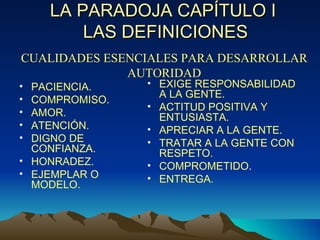 LA PARADOJA CAPÍTULO I  LAS DEFINICIONES PACIENCIA. COMPROMISO. AMOR. ATENCIÓN. DIGNO DE CONFIANZA. HONRADEZ. EJEMPLAR O MODELO. EXIGE RESPONSABILIDAD A LA GENTE. ACTITUD POSITIVA Y ENTUSIASTA. APRECIAR A LA GENTE. TRATAR A LA GENTE CON RESPETO. COMPROMETIDO . ENTREGA. CUALIDADES ESENCIALES PARA DESARROLLAR AUTORIDAD 