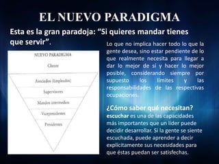 EL NUEVO PARADIGMA
Esta es la gran paradoja: “Si quieres mandar tienes
que servir”.                 Lo que no implica hacer todo lo que la
                                 gente desea, sino estar pendiente de lo
                                 que realmente necesita para llegar a
                                 dar lo mejor de sí y hacer lo mejor
                                 posible, considerando siempre por
                                 supuesto     los    límites    y    las
                                 responsabilidades de las respectivas
                                 ocupaciones.

                                 ¿Cómo saber qué necesitan?
                                 escuchar es una de las capacidades
                                 más importantes que un líder puede
                                 decidir desarrollar. Si la gente se siente
                                 escuchada, puede aprender a decir
                                 explícitamente sus necesidades para
                                 que éstas puedan ser satisfechas.
 