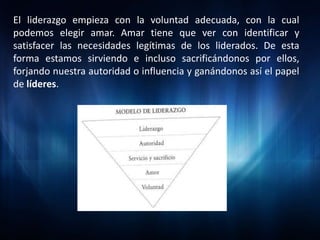 El liderazgo empieza con la voluntad adecuada, con la cual
podemos elegir amar. Amar tiene que ver con identificar y
satisfacer las necesidades legítimas de los liderados. De esta
forma estamos sirviendo e incluso sacrificándonos por ellos,
forjando nuestra autoridad o influencia y ganándonos así el papel
de líderes.
 