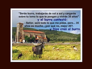 "Serás burro, trabajarás de sol a sol y cargarás
sobre tu lomo lo que te pongan y vivirás 35 años".
y el burro contestó:
- Señor, seré todo lo que me pidas, pero... 35
años es mucho, ¿por qué no, mejor 20?.
y Dios creó al burro.
 