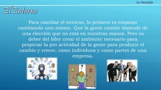 Para cambiar el entorno, lo primero es empezar
cambiando uno mismo. Que la gente cambie depende de
una elección que no está en nuestras manos. Pero es
deber del líder crear el ambiente necesario para
propiciar la pro actividad de la gente para producir el
cambio y crecer, como individuos y como partes de una
empresa.
 