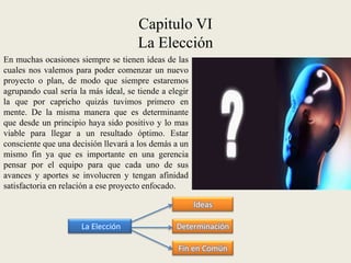Capitulo VI
                                      La Elección
En muchas ocasiones siempre se tienen ideas de las
cuales nos valemos para poder comenzar un nuevo
proyecto o plan, de modo que siempre estaremos
agrupando cual sería la más ideal, se tiende a elegir
la que por capricho quizás tuvimos primero en
mente. De la misma manera que es determinante
que desde un principio haya sido positivo y lo mas
viable para llegar a un resultado óptimo. Estar
consciente que una decisión llevará a los demás a un
mismo fin ya que es importante en una gerencia
pensar por el equipo para que cada uno de sus
avances y aportes se involucren y tengan afinidad
satisfactoria en relación a ese proyecto enfocado.

                                                        Ideas

                      La Elección                Determinación

                                                  Fin en Común
 