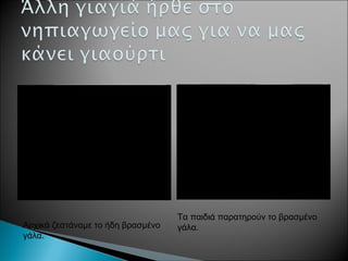Τα παιδιά παρατηρούν το βρασμένο
γάλα.Αρχικά ζεστάναμε το ήδη βρασμένο
γάλα.
 