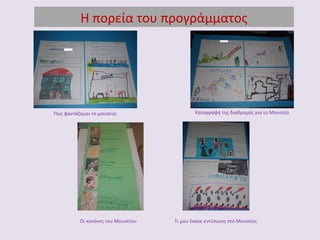 Η πορεία του προγράμματος
Πώς φαντάζομαι το μουσείο; Καταγραφή της διαδρομής για το Μουσείο
Οι κανόνες του Μουσείου Τι μου έκανε εντύπωση στο Μουσείο;
 