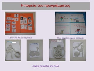Η πορεία του προγράμματος
Καινούρια-παλιά παιχνίδια Ποιο αρχαίο παιχνίδι προτιμώ;
Αρχαία παιχνίδια από πηλό
 