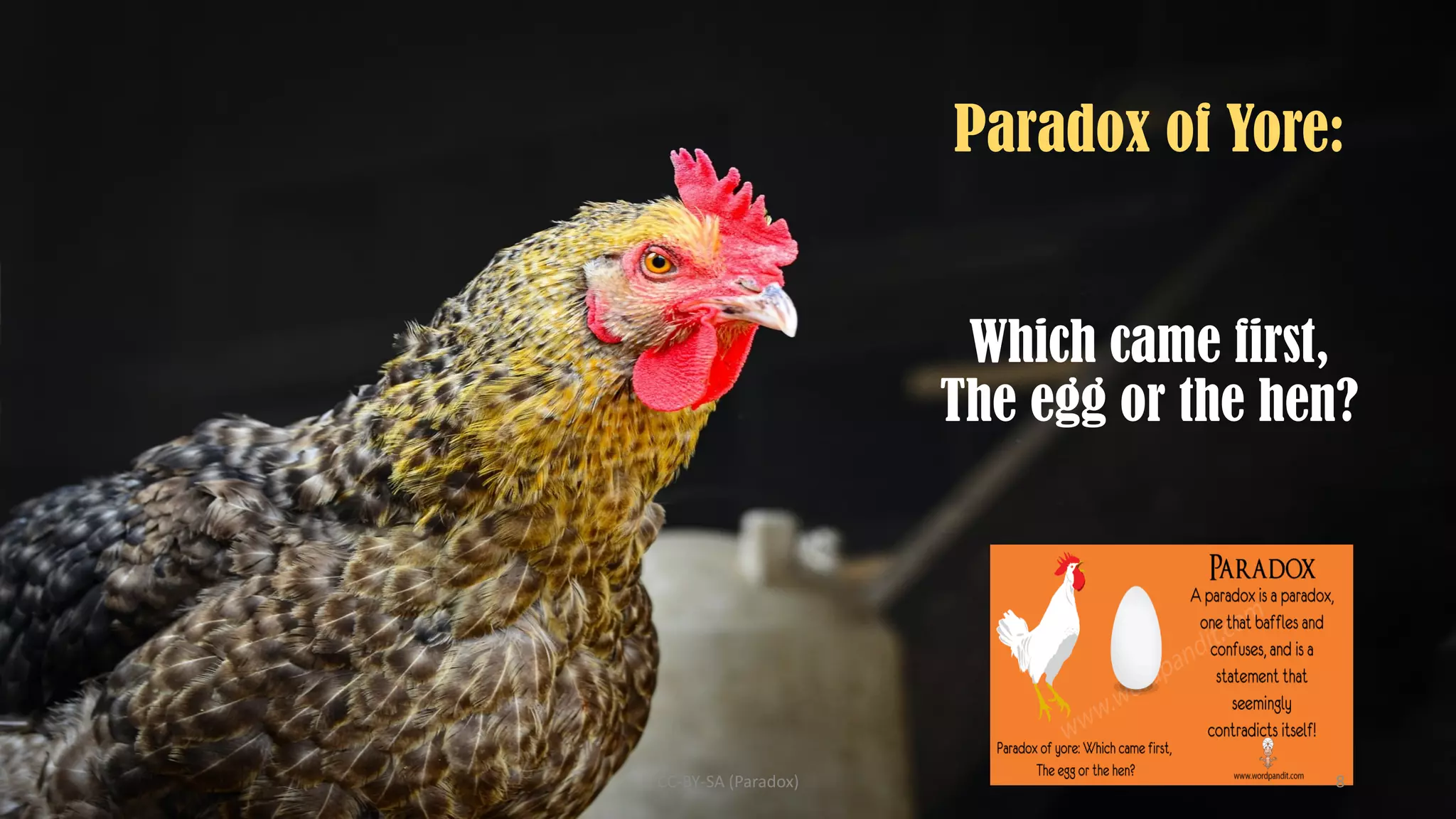 Paradox of Yore:
Which came first,
The egg or the hen?
CC-BY-SA (Paradox) 8
 