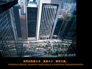 我們的話語太多，真愛太少，謊言氾濫。 
Andamos demais, amamos muito pouco e mentimos frequentemente.
 