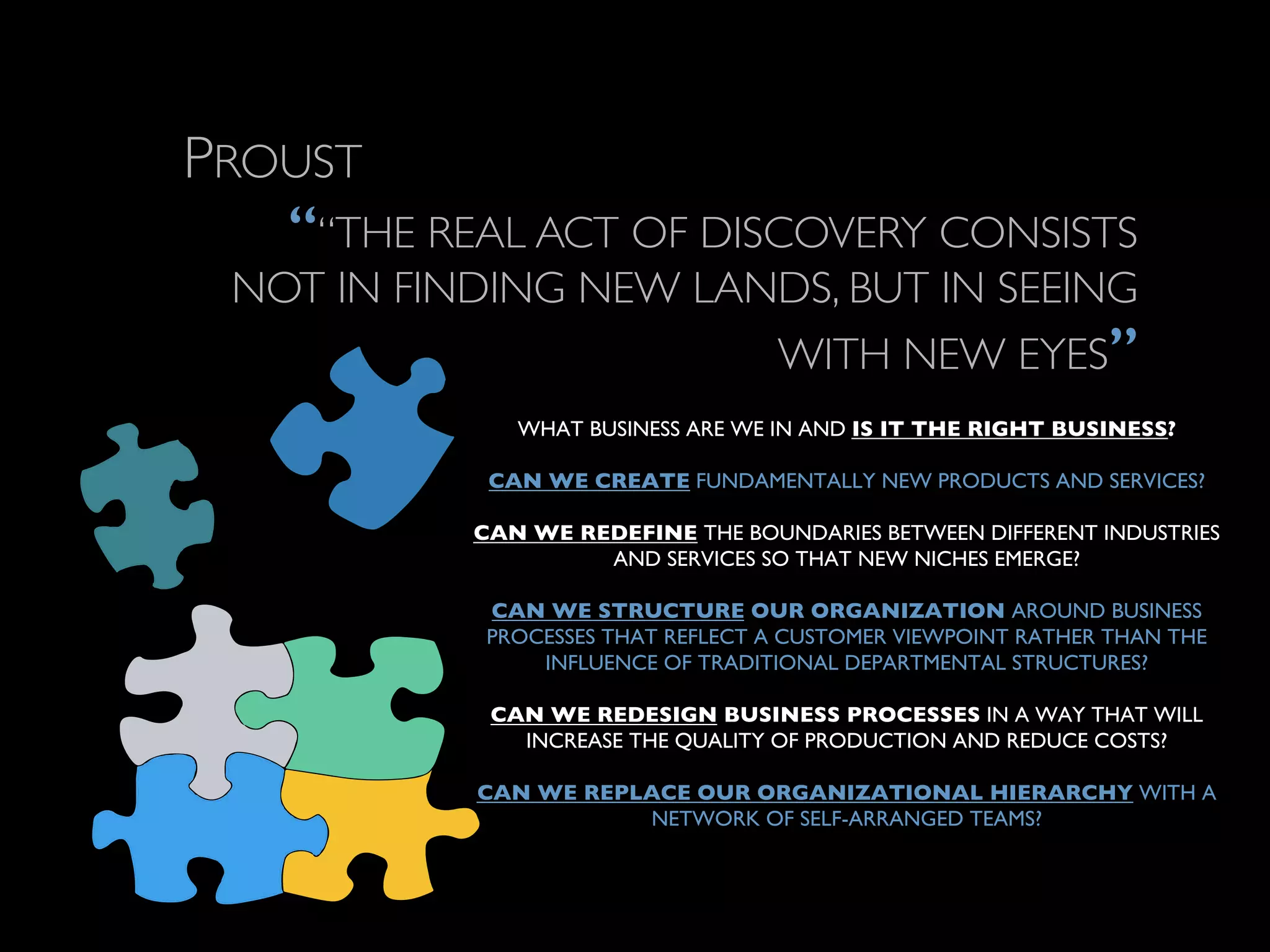 PROUST 
““THE REAL ACT OF DISCOVERY CONSISTS 
NOT IN FINDING NEW LANDS, BUT IN SEEING 
WITH NEW EYES” 
! 
WHAT BUSINESS ARE WE IN AND IS IT THE RIGHT BUSINESS?! 
! 
CAN WE CREATE FUNDAMENTALLY NEW PRODUCTS AND SERVICES?! 
! 
CAN WE REDEFINE THE BOUNDARIES BETWEEN DIFFERENT INDUSTRIES 
AND SERVICES SO THAT NEW NICHES EMERGE? ! 
! 
CAN WE STRUCTURE OUR ORGANIZATION AROUND BUSINESS 
PROCESSES THAT REFLECT A CUSTOMER VIEWPOINT RATHER THAN THE 
INFLUENCE OF TRADITIONAL DEPARTMENTAL STRUCTURES?! 
! 
CAN WE REDESIGN BUSINESS PROCESSES IN A WAY THAT WILL 
INCREASE THE QUALITY OF PRODUCTION AND REDUCE COSTS?! 
! 
CAN WE REPLACE OUR ORGANIZATIONAL HIERARCHY WITH A 
NETWORK OF SELF-ARRANGED TEAMS?! 
 