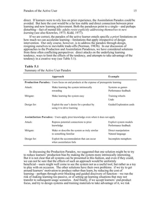 Paradox of the Active User

15

direct. If learners were to rely less on prior experience, the Assimilation Paradox could be
avoided. But here the cost would be a far less stable and direct connection between prior
learning and new learning achievement. Both the paradoxes point to a single—and perhaps
disturbing—fact of mental life: adults resist explicitly addressing themselves to new
learning (see also Knowles, 1973; Kidd, 1977).
If we are correct, the paradox of the active learner entails specific a priori limitations on
how much we can accelerate learning—limitations that apply irrespective of design
intervention. Our only course, however, is to address the paradox through design,
resigning ourselves to inevitable trade-offs (Norman, 1983b). In our discussion of
approaches to the Production and Assimilation Paradoxes, we have considered solutions
from three often conflicting perspectives: direct attacks on the underlying learning
tendency, ways to limit the effects of the tendency, and attempts to take advantage of the
tendency in a creative way (see Table 5.1).
Table 5.1
Summary of the Active User Paradox
Approach

Example

Production Paradox: Users focus on end products at the expense of prerequisite learning
Attack:

Make learning the system intrinsically
rewarding

Systems as games
Performance feedback

Mitigate:

Make learning the system easy

Training wheels
Undo

Design for:

Exploit the user’s desire for a product by
using it to drive learning

Guided Exploration cards

Assimilation Paradox: Users apply prior knowledge even when it does not apply
Attack:

Repress potential connections to prior
knowledge

Explicit system models
Performance feedback

Mitigate:

Make or describe the system as truly similar
to something familiar

Direct manipulation
Natural language

Design for:

Exploit the accommodation that can occur
when assimilation fails

Incomplete metaphors

In discussing the Production Paradox, we suggested that one solution might be to try
to reduce learners’ production bias by making the system more intrinsically interesting.
But it is not clear that all systems can be presented in this fashion, and even if they could,
we can not be sure that the effects of such an approach would be uniformly
beneficial—users might well come to see the system not as a useful tool, but rather as a toy
to play with on occasion. The other solutions have their own problems: if we try to get
around learners’ motivation to produce rather than learn, by reducing the cost of
learning—perhaps through error blocking and guided discovery of function—we run the
risk of making learning too passive, or of setting up learning situations that may not
transfer to subsequent usage scenarios. And finally, if we accept learners’ end-product
focus, and try to design systems and training materials to take advantage of it, we risk

 
