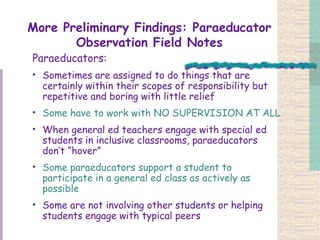 More Preliminary Findings: Paraeducator Observation Field Notes Paraeducators: Sometimes are assigned to do things that are certainly within their scopes of responsibility but repetitive and boring with little relief   Some have to work with NO SUPERVISION AT ALL When general ed teachers engage with special ed students in inclusive classrooms, paraeducators don’t “hover”   Some paraeducators support a student to participate in a general ed class as actively as possible Some are not involving other students or helping students engage with typical peers 