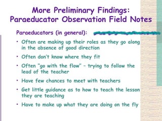 More Preliminary Findings: Paraeducator Observation Field Notes Paraeducators (in general): Often are making up their roles as they go along in the absence of good direction  Often don’t know where they fit Often “go with the flow” – trying to follow the lead of the teacher Have few chances to meet with teachers  Get little guidance as to how to teach the lesson they are teaching  Have to make up what they are doing on the fly   
