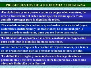 PRESUPUESTOS DE AUTONOMIA CIUDADANA Un ciudadano es una persona capaz en cooperación con otros, de crear o transformar el orden social que ella misma quiere vivir, cumplir y proteger para la dignidad de todos. Ser ciudadano implica entender que el orden de la sociedad (leyes, costumbres, instituciones y las tradiciones) no es natural, por lo tanto se puede transformar, para que sea bueno para todos . La libertad solo es posible en el orden, construido en cooperación para posibilitar la dignidad humana para todos. Actuar con otros requiere la creación de organizaciones, es a través de las organizaciones que las personas se hacen actores sociales La definición de reglas y normas claras en las organizaciones permiten mas y mejores relaciones entre las personas y hacen una adecuada limitación de la libertad 