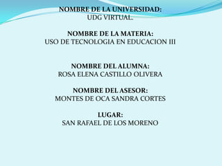 NOMBRE DE LA UNIVERSIDAD:
UDG VIRTUAL.
NOMBRE DE LA MATERIA:
USO DE TECNOLOGIA EN EDUCACION III
NOMBRE DEL ALUMNA:
ROSA ELENA CASTILLO OLIVERA
NOMBRE DEL ASESOR:
MONTES DE OCA SANDRA CORTES
LUGAR:
SAN RAFAEL DE LOS MORENO
 