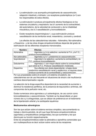 La estimulación a se acompaña principalmente de vasocontricción,
relajación intestinal y midriasis. Los receptores postsinápticos (a-1) son
los responsables de estos efectos.
La estimulación b produce principalmente efectos fisiológicos en los
sistemas circulatorio y respiratorio: los b1 aumento de la contractilidad,
del automatismo, de la velocidad de conducción y de la irritabilidad
miocárdica y los b 2 vasodilatación y broncodilatación.
Existe receptores dopaminérgicos-1, cuya estimulación produce
vasodilatación de los territorios renal, mesentérico, coronario y cerebral.
Los efectos de las catecolaminas naturales - Adrenalina, Nor-adrenalina
y Dopamina - y de las otras drogas simpaticomiméticas depende del grado de
estimulación de los diferentes receptores mencionados.
Nombre
Adrenalina

Efectos
Agonista a y b no selectivo: aumenta la P.A. y la F.C.;
produce broncodilatación.
Nor-adrenalina
Agonista a y b 1; predomina la vasoconstricción.
Isoproterenol
Agonista b no selectivo; aumenta la contractilidad y la
F.C.; produce broncodilatación.
Dobutamina
Agonista b 1 con mayor efecto sobre la contractilidad
que sobre la F.C. Produce vasodilatación moderada.
Dopamina
Sus efectos son dosis-dependiente: a bajas dosis
predomina vasodilatación renal y esplácnica; a mayores dosis
produce aumento de la contractilidad y vasocontricción.
Por sus propiedades sobre el corazón y el sistema circulatorio, las
catecolaminas son de uso frecuente en situaciones de shock o de insuficiencia
cardíaca descompensada o aguda.
La selección de la droga específica dependerá de la necesidad de aumentar o
disminuir la resistencia periférica, de la presencia de taquicardia o arritmias, del
compromiso de la perfusión renal, etc.
Existe numerosos otros agonistas a y b adrenérgicos, de uso común como
broncodilatadores y vasocontrictores. También se ha desarrollado un gran
número de a y b antagonistas, que se utilizan de preferencia en el tratamiento
de la hipertensión arterial y la cardiopatía isquémica
Medicamentos adrenérgicos
Son los que actúan sobre el sistema nervioso simpático, sea aumentando su
trabajo o disminuyéndolo, de ahí que haya fármacos simpaticomiméticos
(agonistas) y simpaticolíticos (antagonistas), los que aumentan y los que
disminuyen su función respectivamente.
Entre los simpaticomiméticos están la adrenalina o epinefrina comerciales que
son multiespecificos es decir actúan sobre varios de los receptores

 
