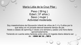 María Lidia de la Cruz Pilar :
Peso ( 59 kg )
Edad ( 37 años )
Sexo ( mujer )
Actividad moderada.
Soy maestra/tutora de Educación Infantil de niños de 3, 4 y 5 años por lo
que estoy en mi jornada laboral bastante tiempo de pie.
Asisto a clases de spinning 3 veces a la semana y paseo una hora diaria
aproximadamente.
Teniendo en cuenta estos factores entre otros mi ingesta diaria debería ser
de : 1800 KCAL /DÍA
 