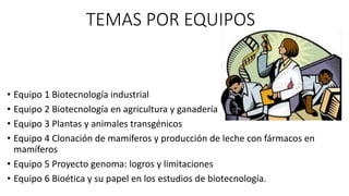 TEMAS POR EQUIPOS
• Equipo 1 Biotecnología industrial
• Equipo 2 Biotecnología en agricultura y ganadería
• Equipo 3 Plantas y animales transgénicos
• Equipo 4 Clonación de mamíferos y producción de leche con fármacos en
mamíferos
• Equipo 5 Proyecto genoma: logros y limitaciones
• Equipo 6 Bioética y su papel en los estudios de biotecnología.
 