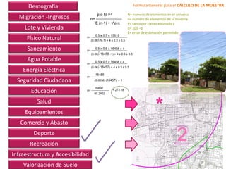 Demografía                     Formula General para el CÁLCULO DE LA MUESTRA

                                  N= numero de elementos en el universo
  Migración -Ingresos             n= numero de elementos de la muestra
                                  P= tanto por ciento estimado y
     Lote y Vivienda              q= 100 –p
                                  E= error de estimación permitido
      Físico Natural
      Saneamiento
      Agua Potable
    Energía Eléctrica
  Seguridad Ciudadana
       Educación
          Salud
     Equipamientos                                 *
   Comercio y Abasto
        Deporte
       Recreación
                                                               2
Infraestructura y Accesibilidad
    Valorización de Suelo
 