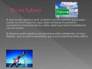 El amor podría significar sentir el afecto con otra persona que puedas
contar con el en todos los casos, tener confianza mutuamente ,
compartir los momentos felices y tristes, saber que habrá honestidad el
uno con el otro.
El desamor podría significar que siempre se estén enfadando, no haya
libertad , que no este la honestidad, que ya no se sienta el mismo afecto.
 